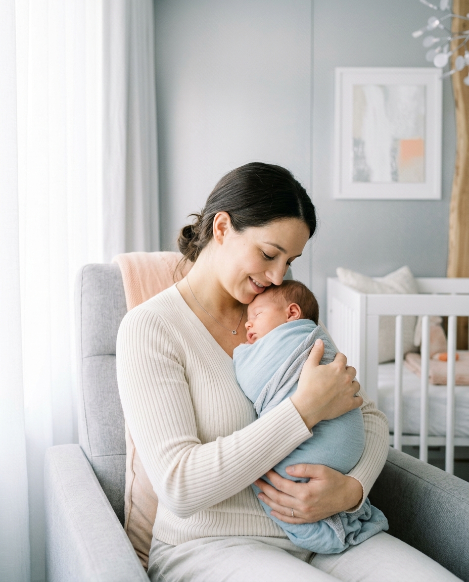 Um progenitor a segurar o seu bebé sob uma luz suave — a nova infância